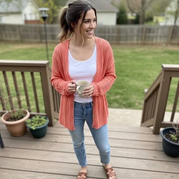 🏷️Sundance Leiela Pointelle Cardigan Sweater Coral Pink Cotton Modal Large 🏷️ - Picture 3 of 9
